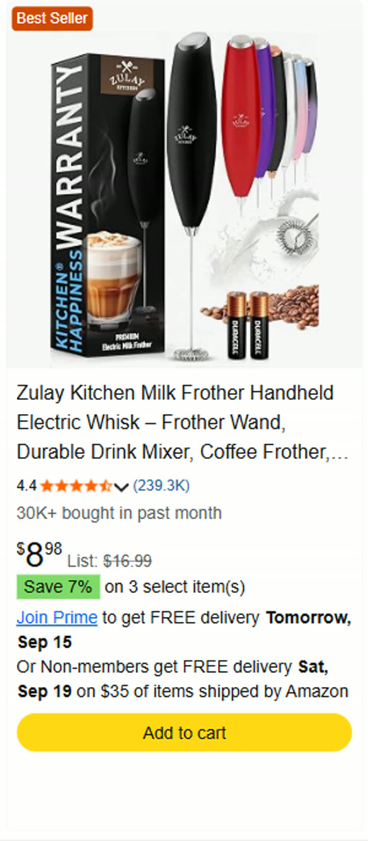 The best selling milk frother on Amazon: 4.4 stars, 239,371 ratings