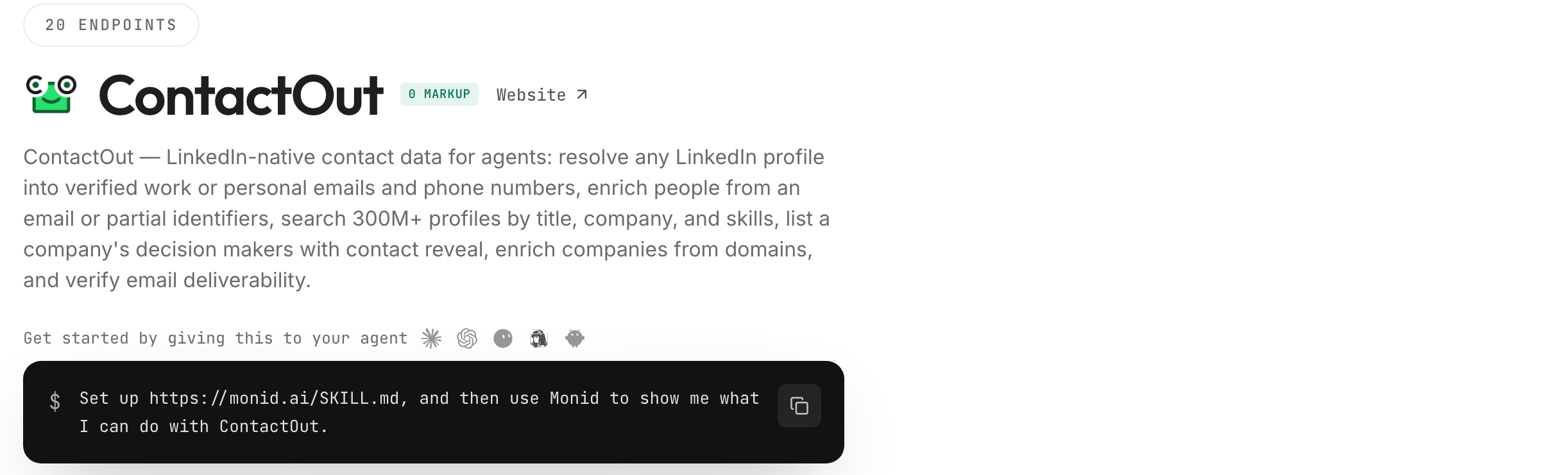 The ContactOut page on Monid with the prompt that sets up the agent