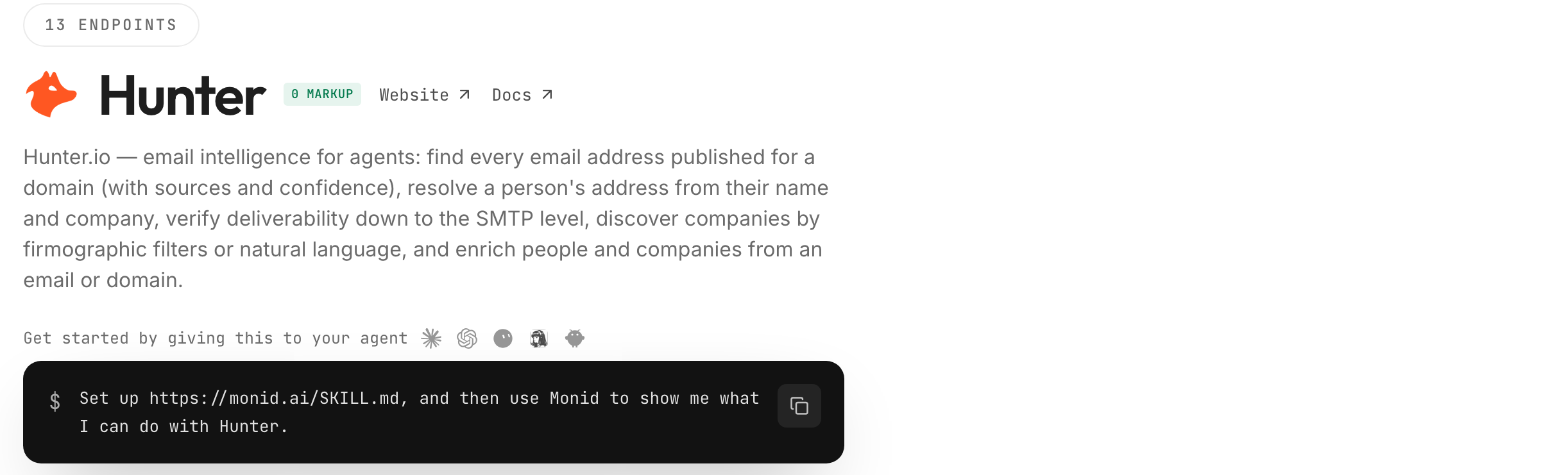 The Hunter page on Monid with the prompt that sets up the agent