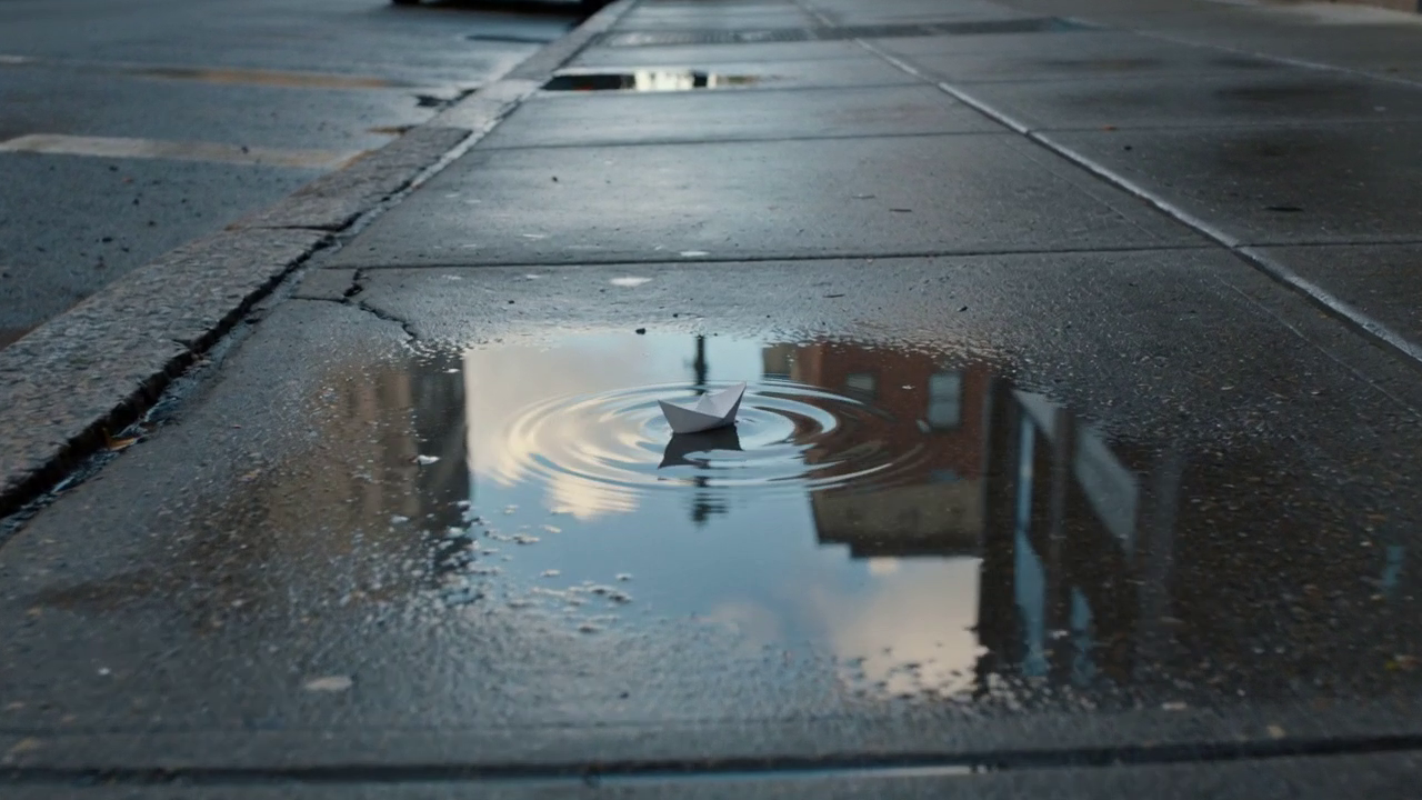 Frame at 2.5 seconds from the Seedance 2.0 render: cooler light, sharper pavement texture across the frame, clean concentric ripples and a more literal paper boat centred in the puddle.