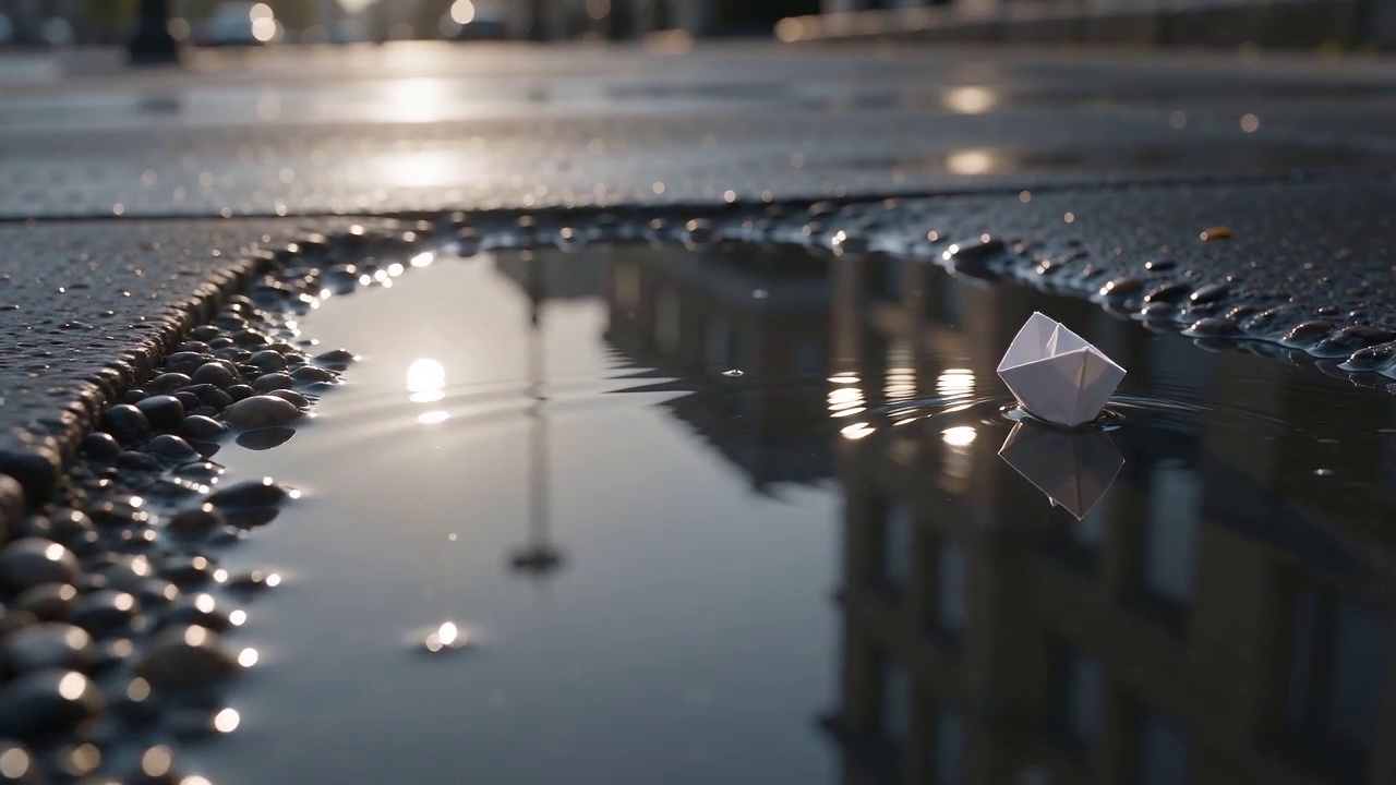 Frame at 2.5 seconds from the Seedance 2.0 Mini render: warm light, shallow focus and heavy bokeh, with the paper boat at the puddle's edge beside wet cobblestones.