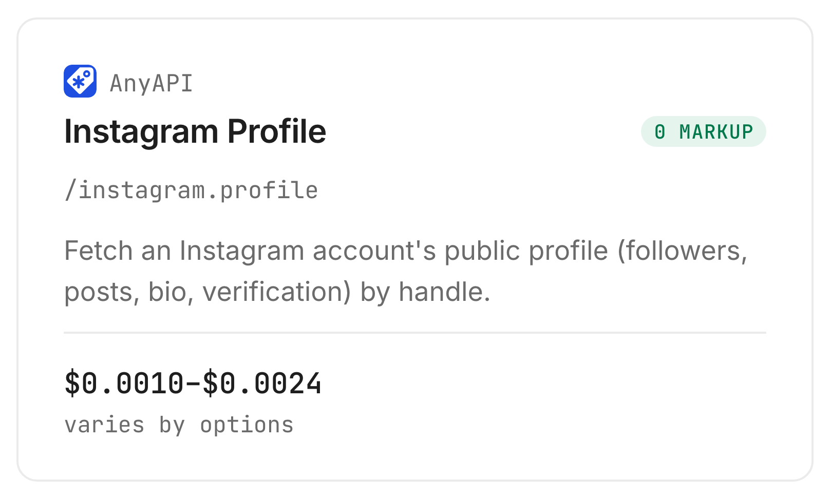 AnyAPI Instagram Profile card on Monid, $0.001 on the default route (Verified 2026-10-23)