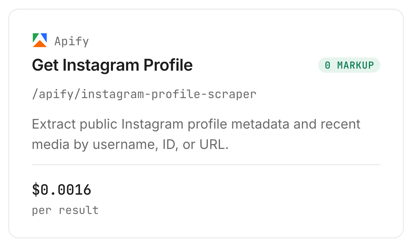 Apify Get Instagram Profile card on Monid, $0.0016 per result (Verified 2026-10-23)