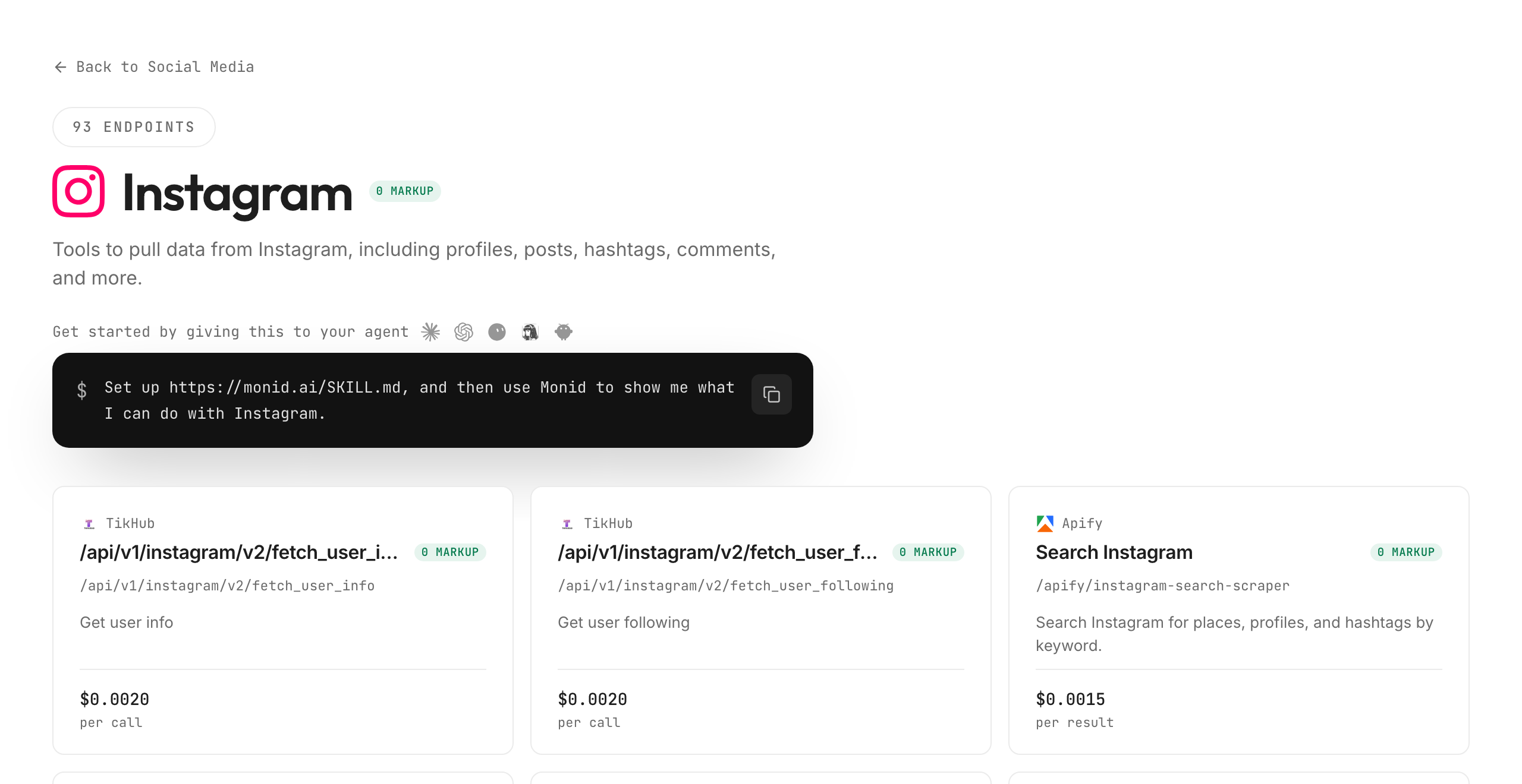 The Monid Instagram tools page, 93 endpoints