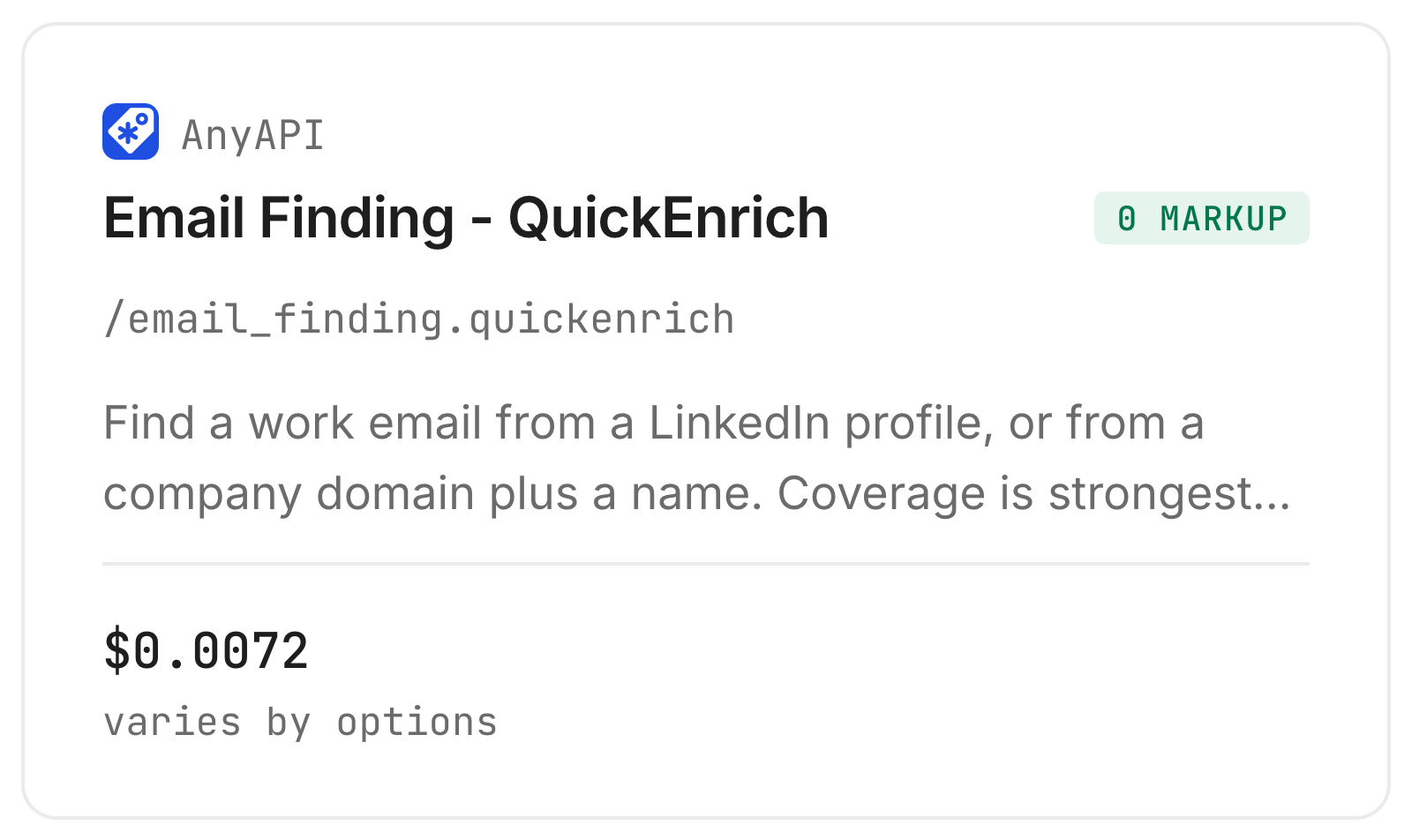 QuickEnrich email finder card on Monid, $0.0072 (Verified 2026-10-23)