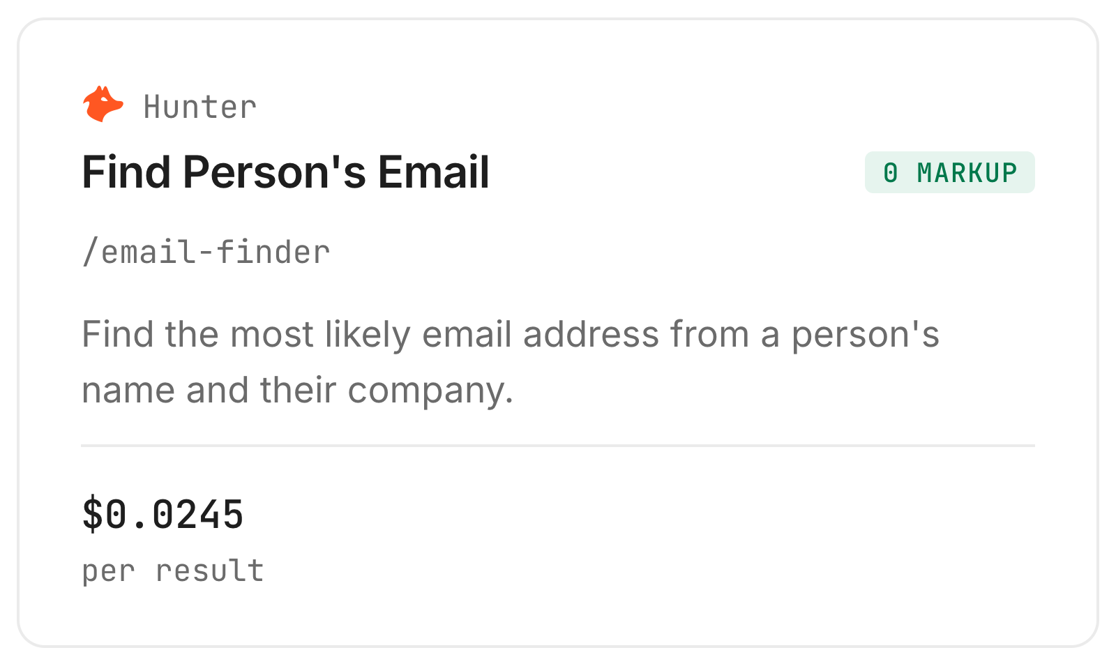 Hunter Find Person's Email card on Monid, $0.0245 per result (Verified 2026-10-23)