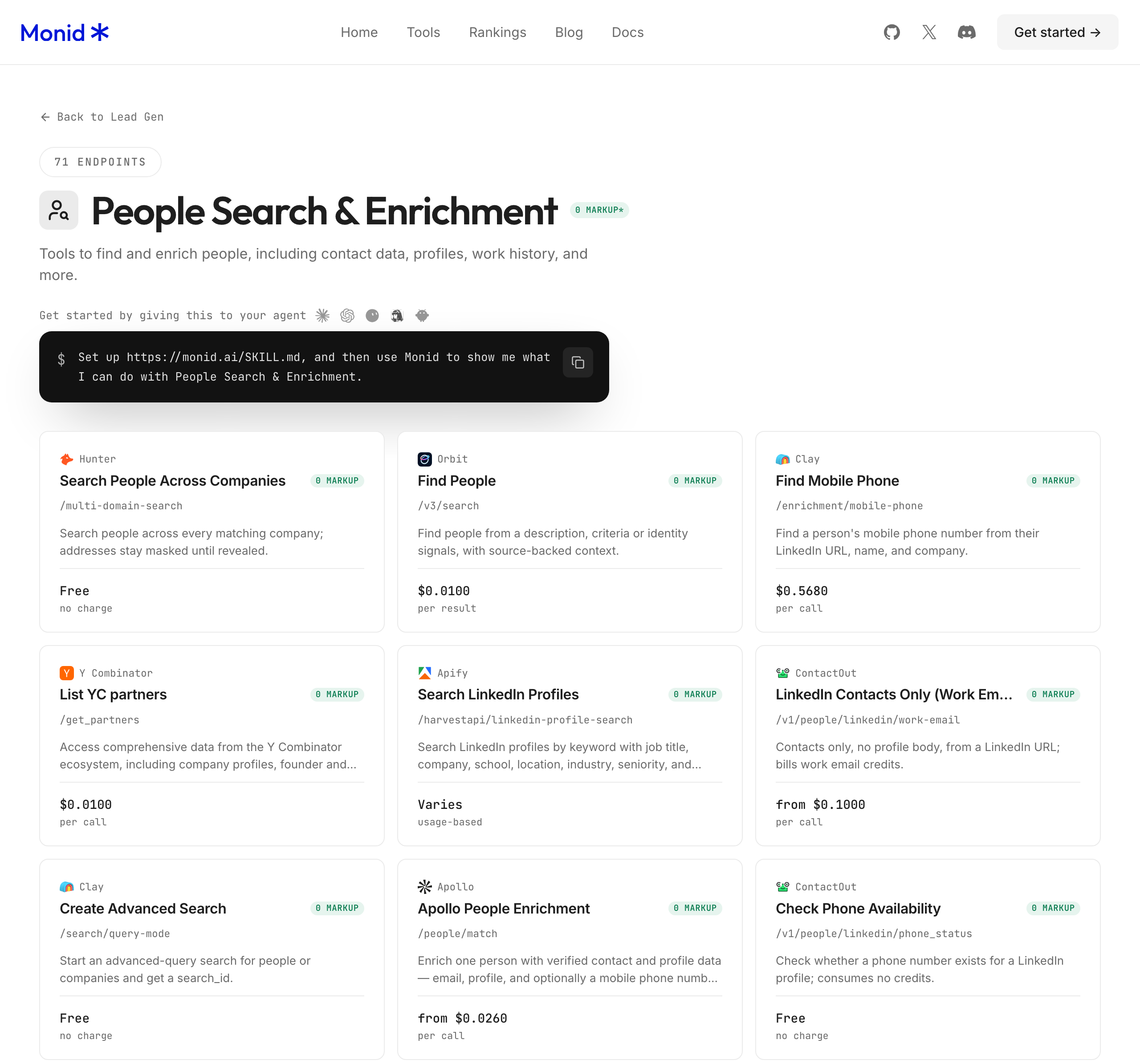 The Monid People Search & Enrichment tool page with its endpoint cards
