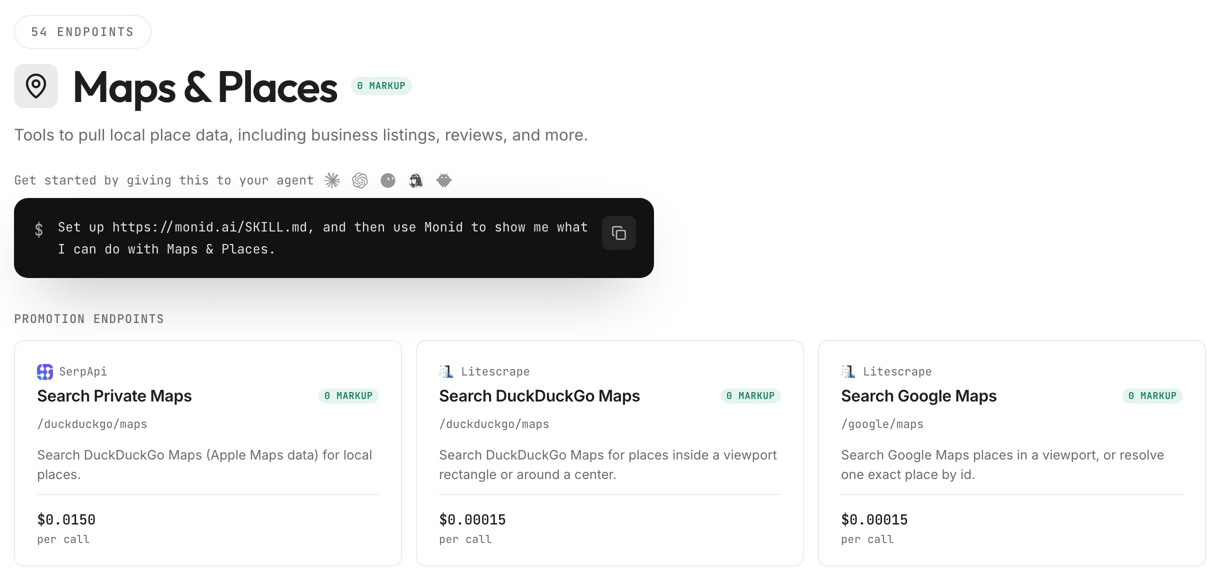 The Monid Maps and Places tool page with its first endpoint cards