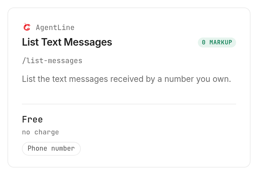 AgentLine lists a message reader with pagination inputs and a read price Verified 2026-10-30.