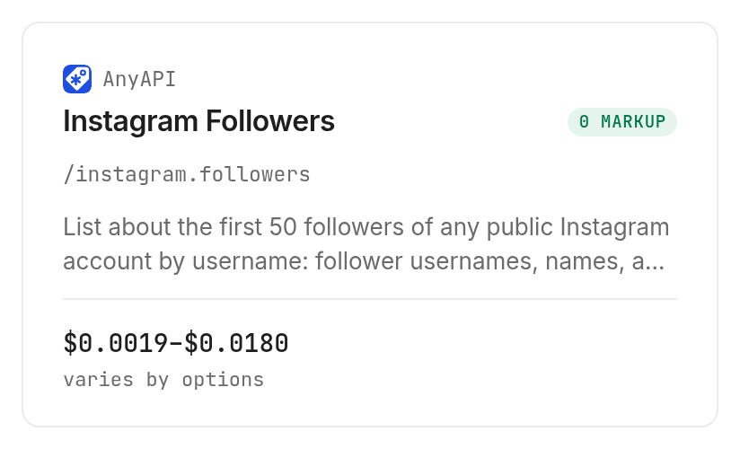 AnyAPI's follower card displays a rounded range of $0.0019 to $0.0180, Verified 2026-10-29.