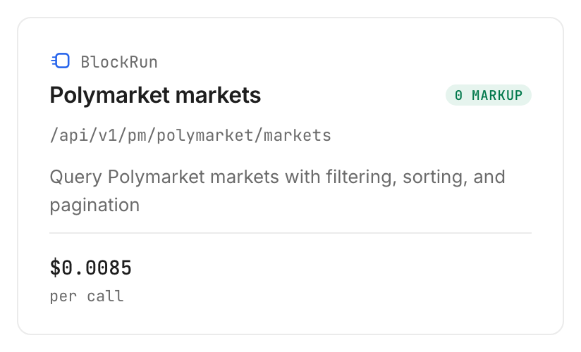 BlockRun Polymarket markets endpoint card on Monid, $0.0085 per call (Verified 2026-10-25)