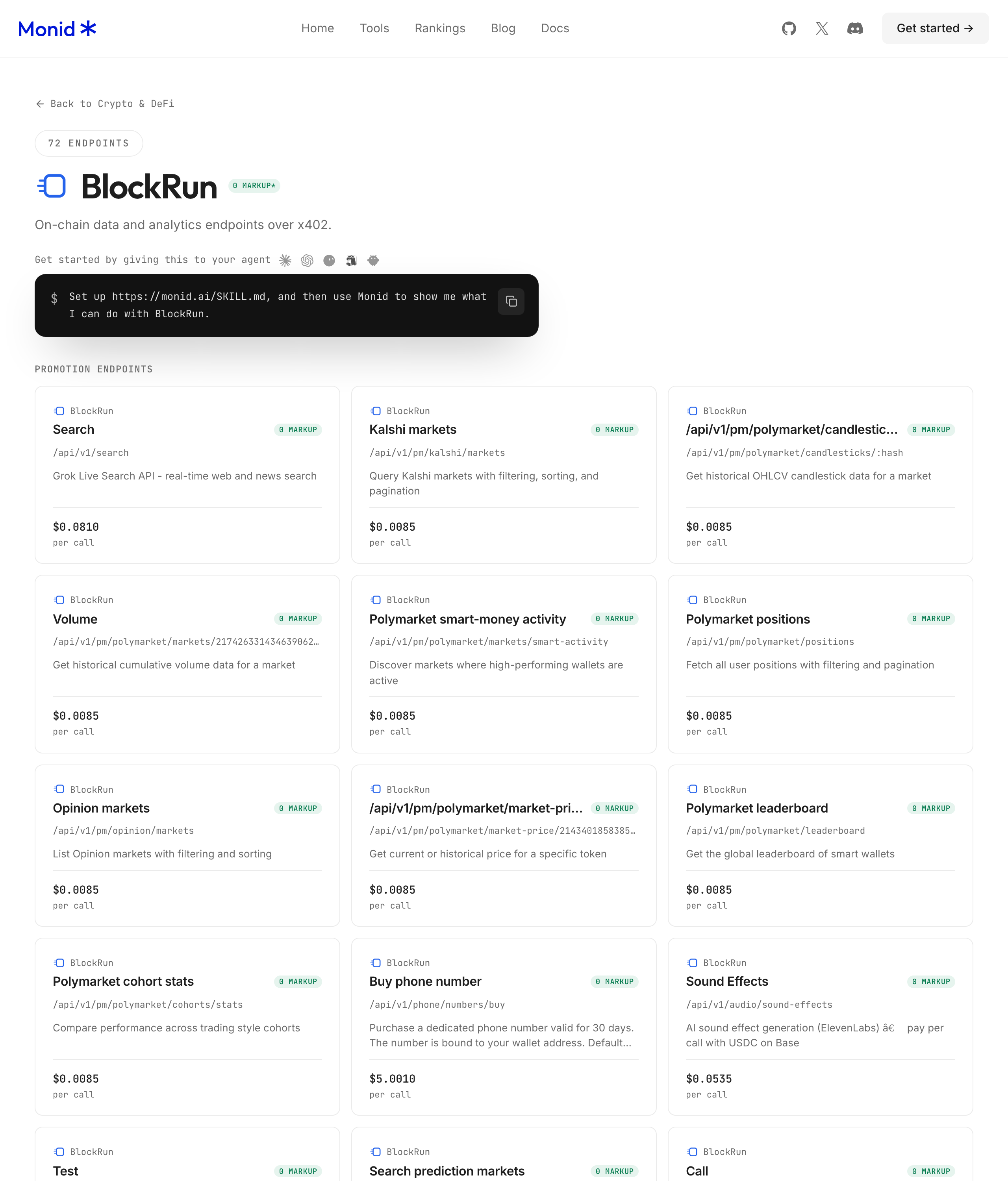 The BlockRun page on Monid with the agent prompt