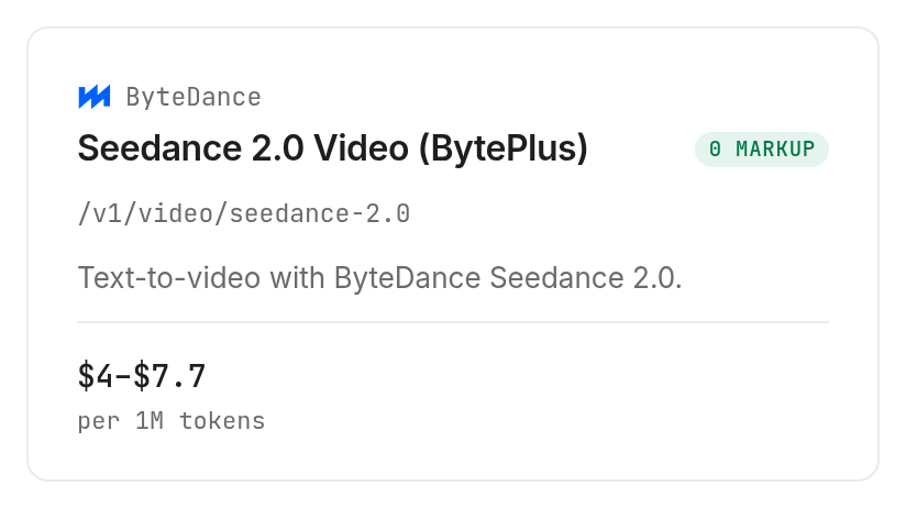 Seedance 2.0 uses a resolution-based token price, not a flat clip fee. Verified 2026-10-27.