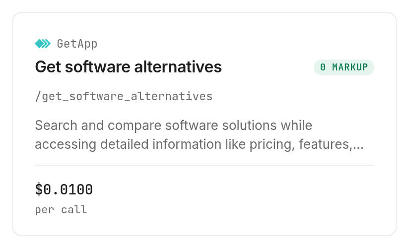 The GetApp alternatives card identifies the callable comparison tool and its per-call price. Verified 2026-10-30.