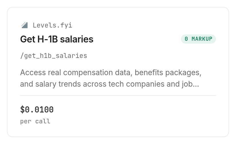 The H-1B salary card identifies the callable address and per-call billing; price Verified 2026-10-30.