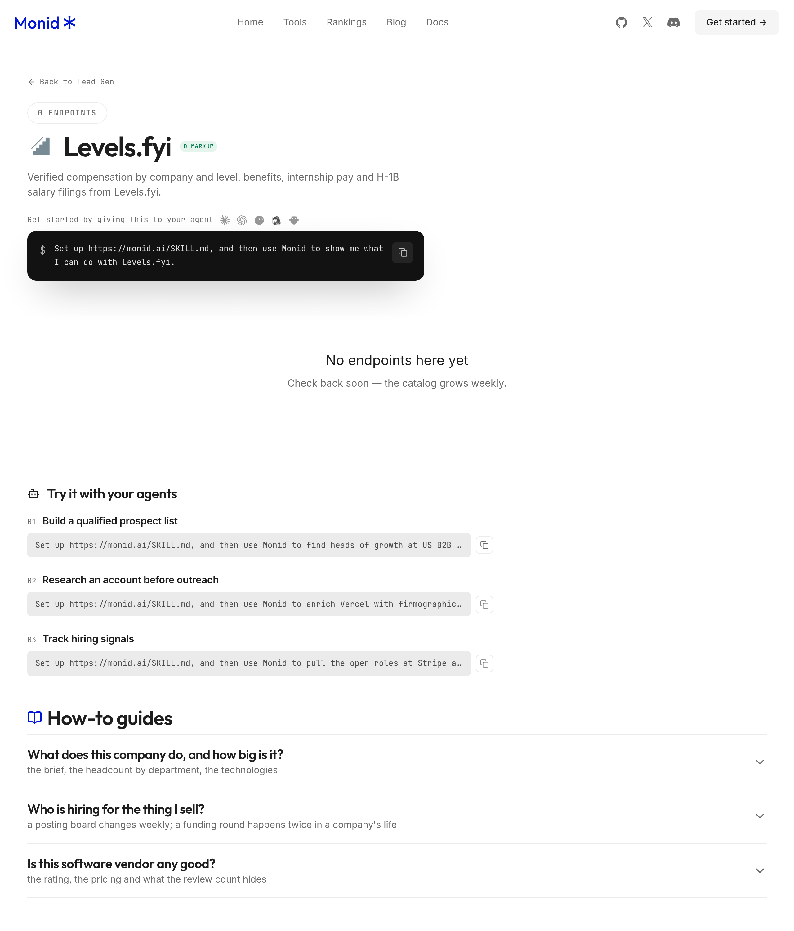 The Levels.fyi page header supplies the agent setup prompt; use the compensation collection for the salary tool.