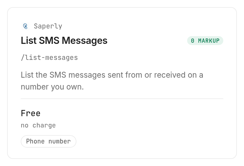 Saperly SMS history requires an owned number; its listed read price is Verified 2026-10-30.