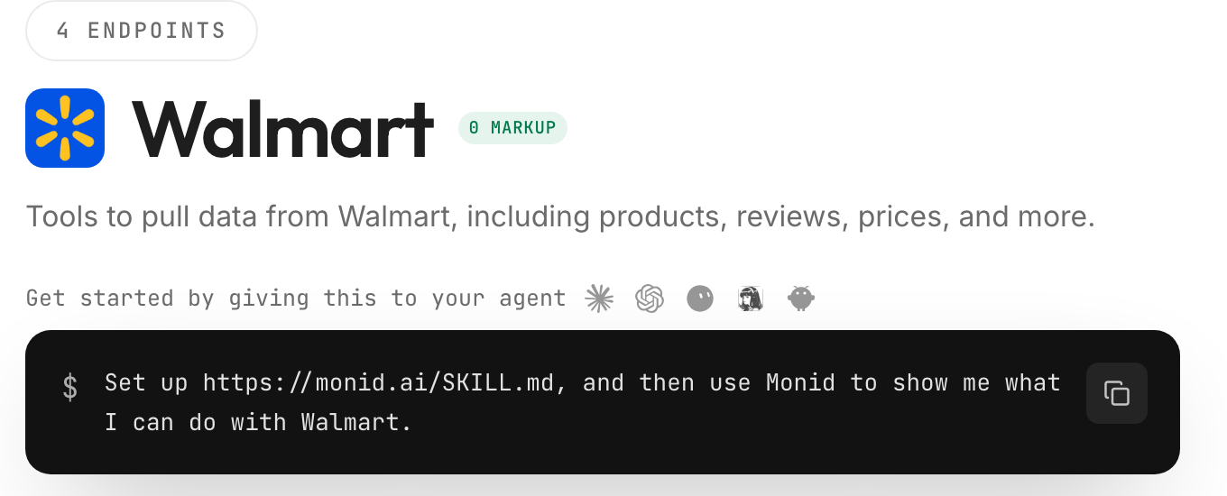 The Monid Walmart tool page header with the prompt that sets up the agent
