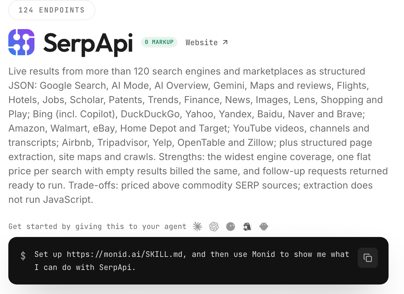 The SerpApi page on Monid, whose description lists Walmart among the marketplaces it covers