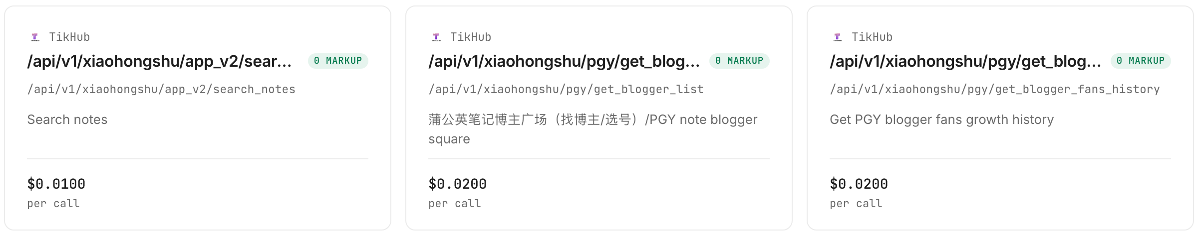 The TikHub Xiaohongshu search card on the Xiaohongshu tools page, $0.01 per call, Verified 2026-10-29.