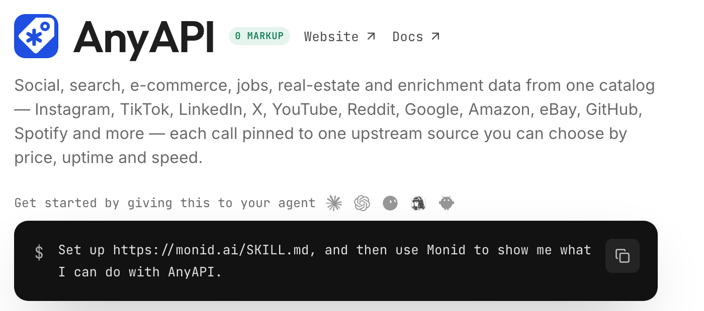 The AnyAPI provider page on Monid: 237 endpoints, each call pinned to one source you can choose by price, uptime and speed.