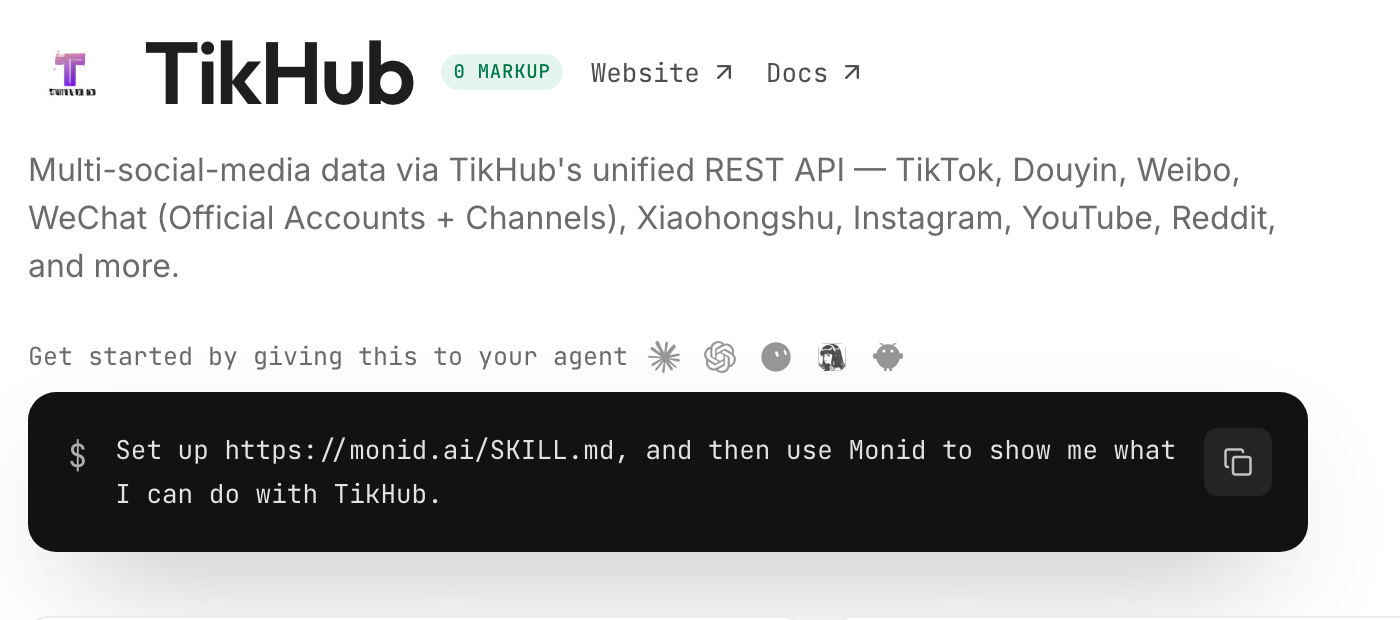 The TikHub provider page on Monid: 903 endpoints across TikTok, Douyin, Weibo, WeChat, Xiaohongshu, Instagram, YouTube and Reddit.