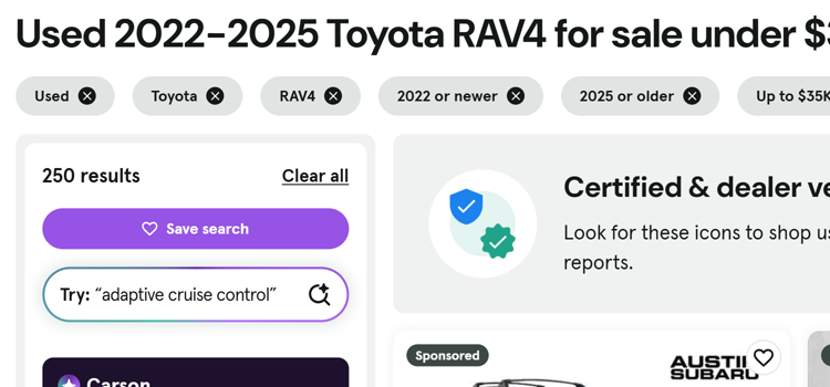 cars.com results for a used RAV4 under $35,000 near College Station