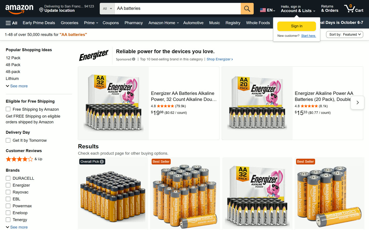amazon.com, signed in